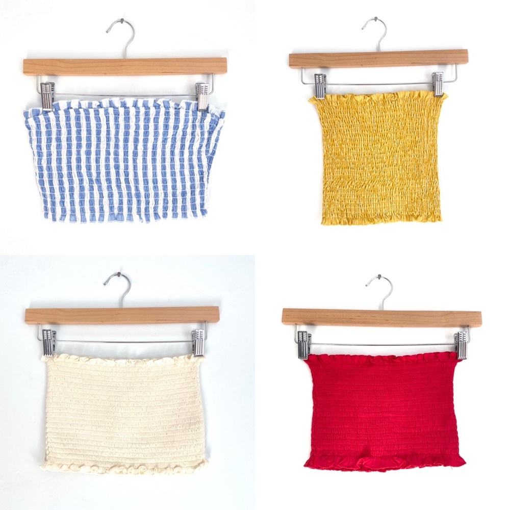 4 Pc Striped Solid Smocked Knit Ruffle Stretch Cropped Mini Strapless Tube Tops